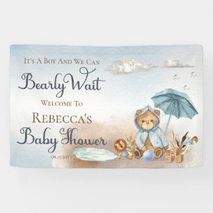 Bear   Blue Umbrella Bearly Wait Boy Baby Shower   Banner