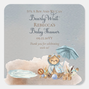 Bear   Blue Umbrella Bearly Wait Boy Baby Shower  Square Sticker