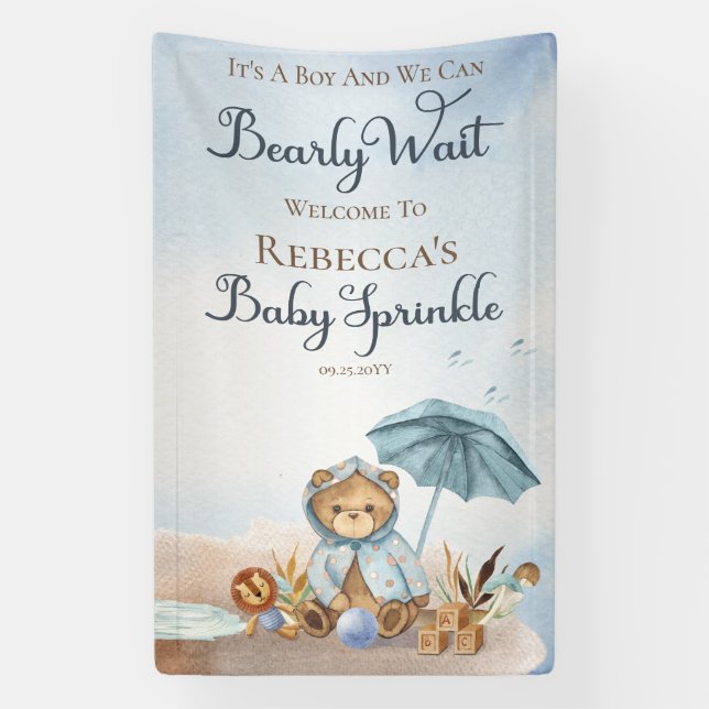 Bear | Blue Umbrella Bearly Wait Boy Baby Sprinkle Banner (Vertical)