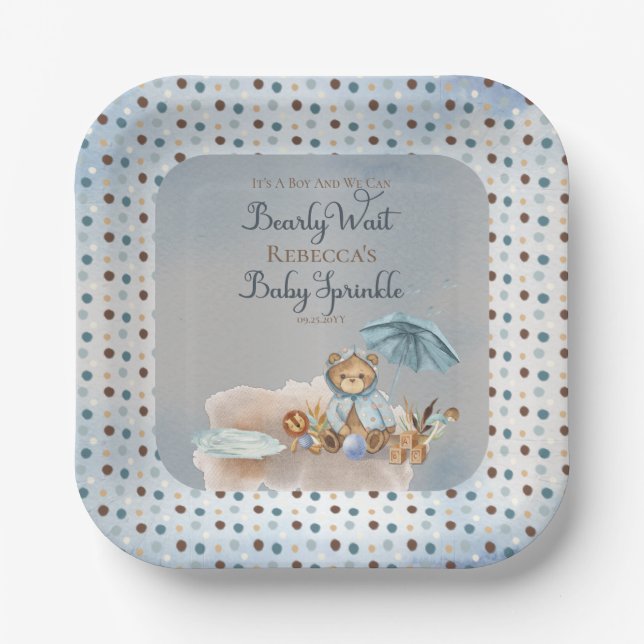 Bear | Blue Umbrella Bearly Wait Boy Baby Sprinkle Paper Plate (Front)