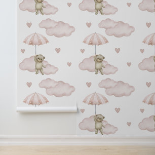 Bear Blush Pink Umbrella Clouds Hearts Baby Girl Wallpaper