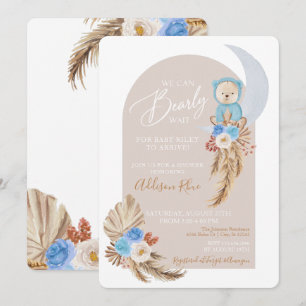 Bear Boho Blue Floral Baby Boy Shower Invitation