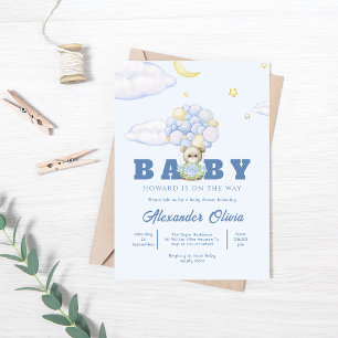 Bear Boho Blue Watercolor Baby Shower Invitation