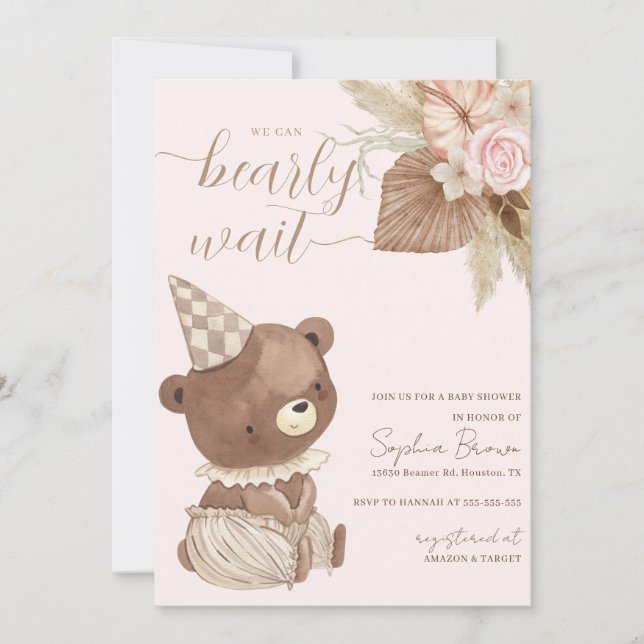 Bear & Boho Flowers Gender Neutral Baby Shower Invitation (Front)