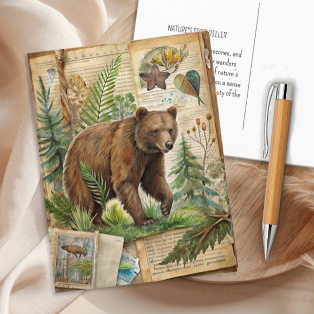 Bear Botanical Vintage Antique Woodland Nature Postcard (Bear wildlife junk journal page postcard)