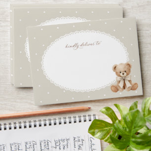 Bear, Bow, Beige Polka Dots, Baby Shower Envelope