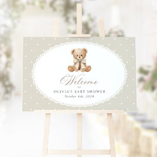 Bear, Bow, Beige Polka Dots, Baby Shower Welcome Poster