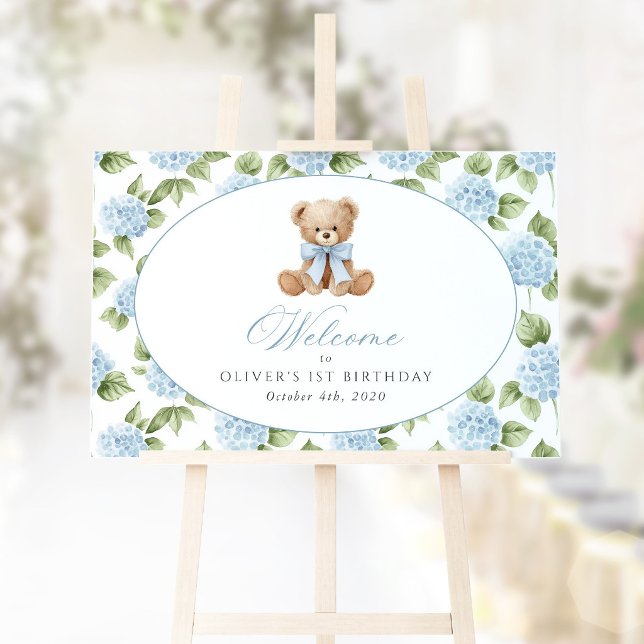 Bear, Bow, Blue Flowers, First Birthday Welcome Poster (Creator Uploaded)