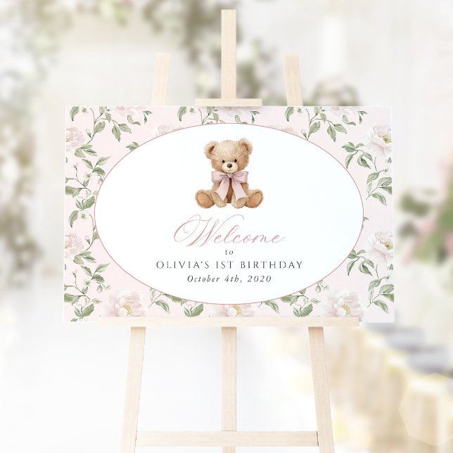 Bear, Bow, Pink Flowers, First Birthday Welcome Poster (Creator Uploaded)
