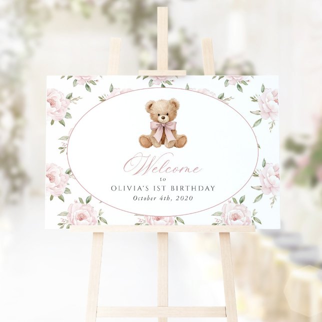 Bear, Bow, Pink Flowers, First Birthday Welcome Poster (Creator Uploaded)