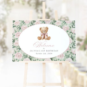 Bear, Bow, Pink Flowers, First Birthday Welcome Poster
