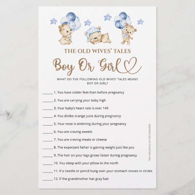 Bear boy baby shower Guess Boy Or Girl tales  (Front)