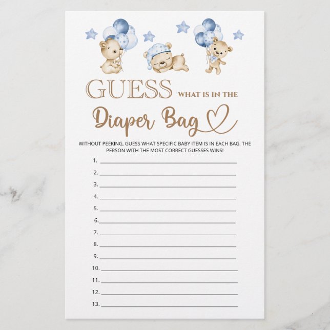 Bear boy baby shower what is in the diaper bag (Front)