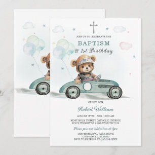 Bear Boy First Birthday and Baptism Invitation