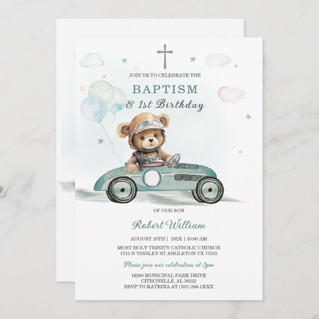 Bear Boy First Birthday and Baptism Invitation (Front/Back)