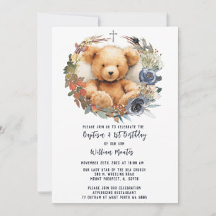 Bear Boy First Birthday and Baptism  Invitation