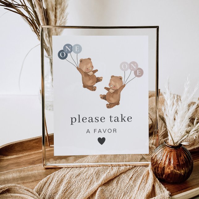 Bear Boy Girl Twins - 1st Birthday - Favour Sign (Zazzle Bear Boy Girl Twins - 1st Birthday - Favor Sign)