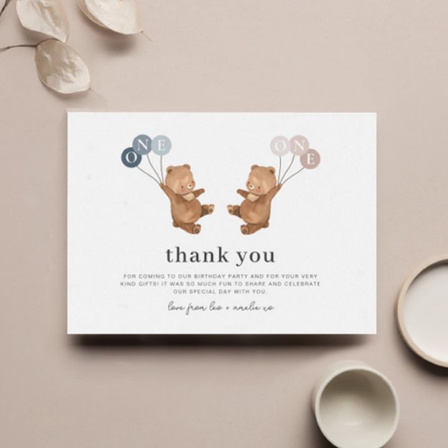 Bear Boy Girl Twins - 1st Birthday Thank You Card (Bear Boy Girl Twins - 1st Birthday Thank You Card)