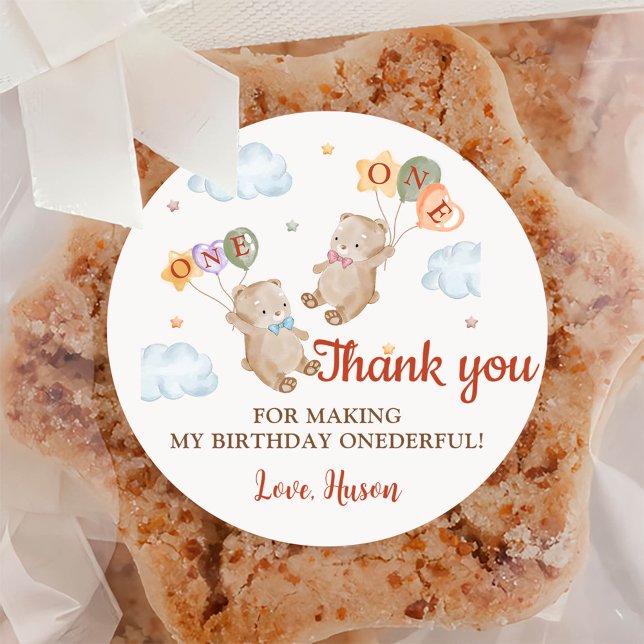 Bear Boy Girl Twins - First Birthday Party Classic Round Sticker (Creator Uploaded)
