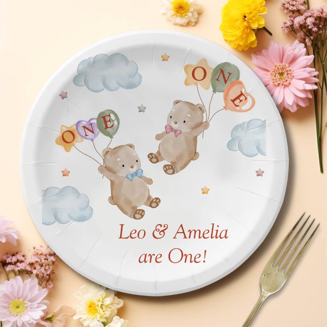 Bear Boy Girl Twins - First Birthday Party Paper Plate (Creator Uploaded)