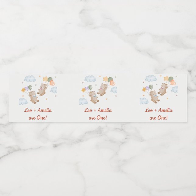 Bear Boy Girl Twins - First Birthday Party Water Bottle Label (Single Label)