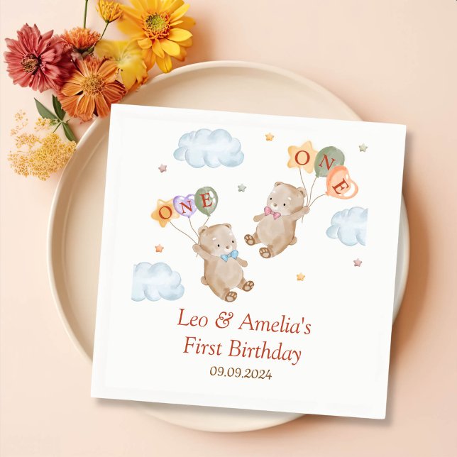 Bear Boy Girl Twins - Joint 1st Birthday Napkin (Creator Uploaded)