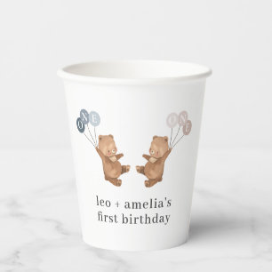 Bear Boy Girl Twins - Joint 1st Birthday Paper Cups