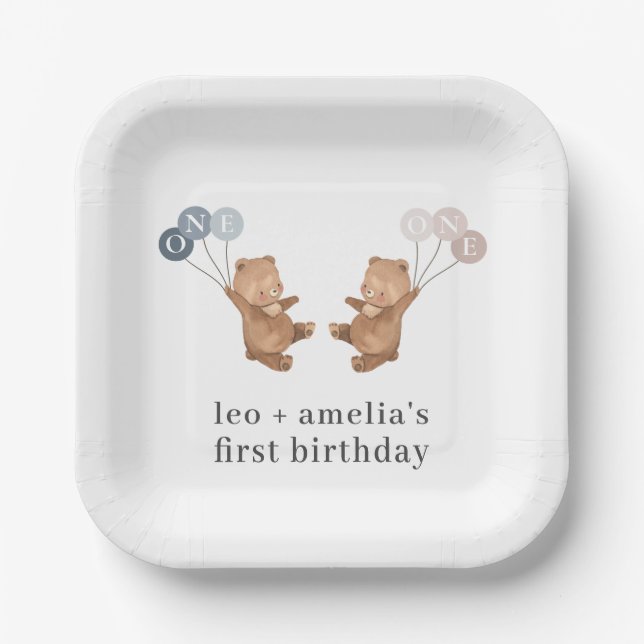 Bear Boy Girl Twins - Joint 1st Birthday Paper Plate (Front)