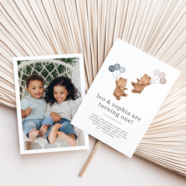 Bear Boy Girl Twins - Photo 1st Birthday Invitation (Creator Uploaded)