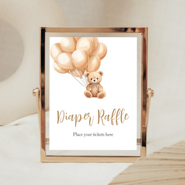 Bear Brown Balloon Baby Shower Diaper Raffle Poster (We Can Bearly Wait Baby Shower Diaper Raffle Sign)