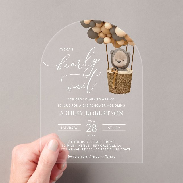 Bear, Brown Balloons, Hot Air Balloon, Baby Shower Acrylic Invitations (Insitu (Handheld))