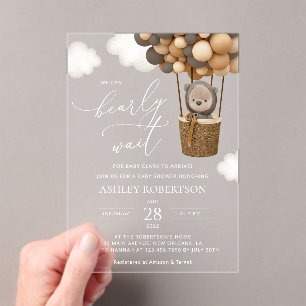 Bear, Brown Balloons, Hot Air Balloon, Baby Shower Acrylic Invitations