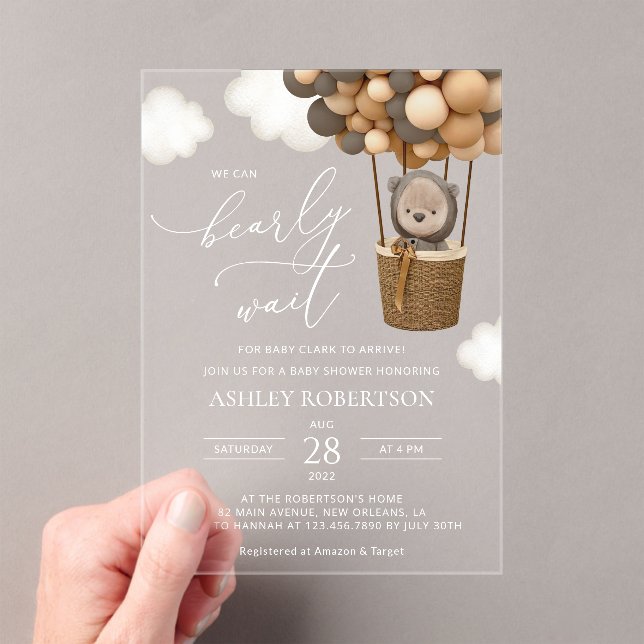 Bear, Brown Balloons, Hot Air Balloon, Baby Shower Acrylic Invitations (Insitu (Handheld))