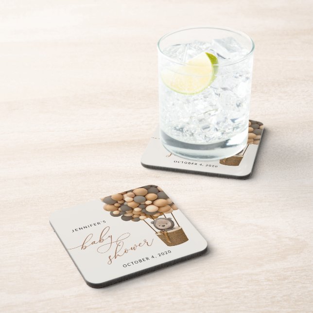 Bear, Brown Balloons, Hot Air Balloon, Baby Shower Coaster (Right Side)