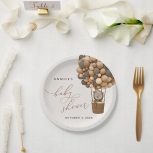 Bear, Brown Balloons, Hot Air Balloon, Baby Shower Paper Plate