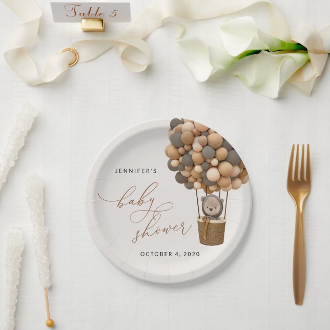 Bear, Brown Balloons, Hot Air Balloon, Baby Shower Paper Plate (Wedding)