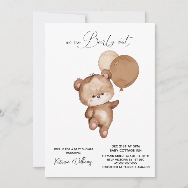 Bear Brown Bearly Wait Baby Shower Invitation (Front)