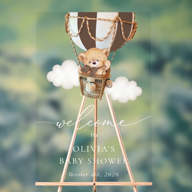 Bear, Brown Hot Air Balloon, Baby Shower Welcome Acrylic Sign (Neutral)