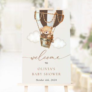 Bear, Brown Hot Air Balloon, Baby Shower Welcome Poster