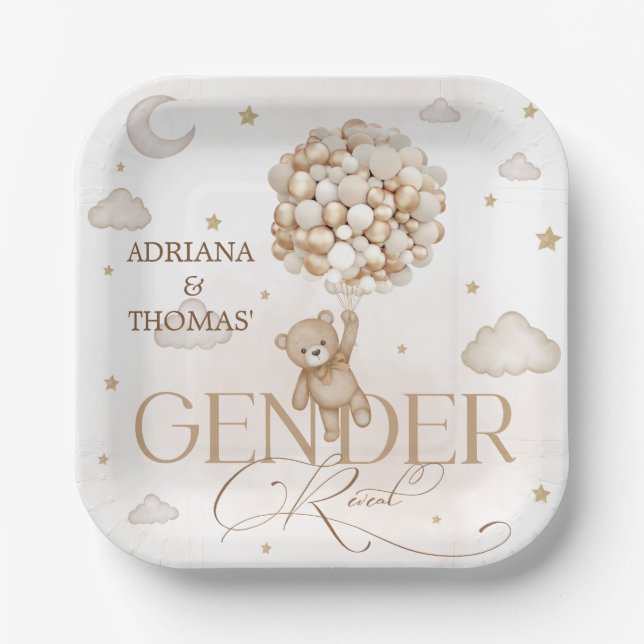 Bear Brown Neutral Gender Reveal Paper Plate (Front)