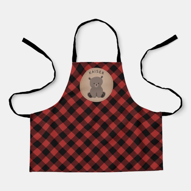 Bear Buffalo Plaid Pattern Red and Black Kids Apron (Front)