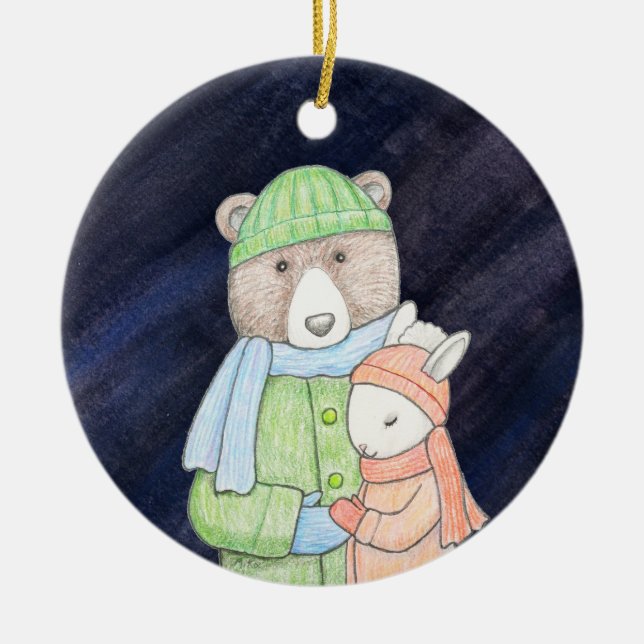Bear & Bunny Couple Christmas together Custom Name Ceramic Tree Decoration (Front)