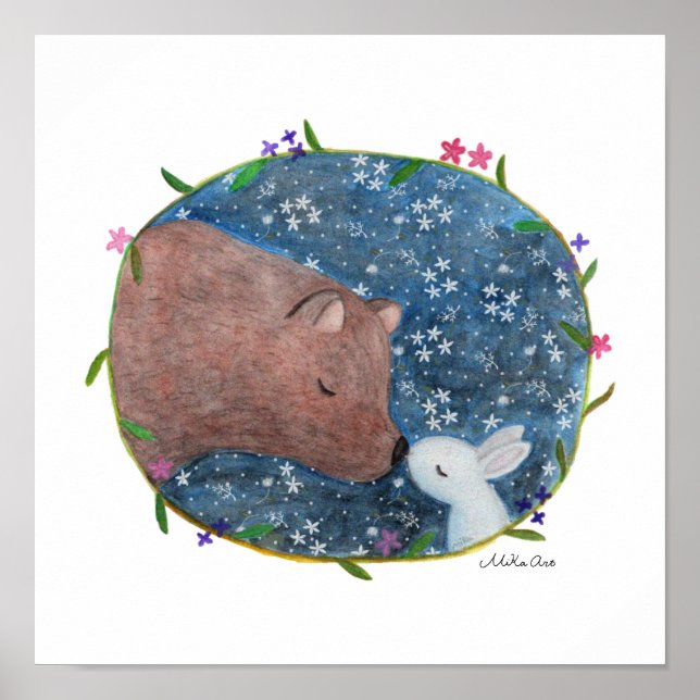 Bear & bunny in Forest Finding Each other MiKa Art Poster (Front)