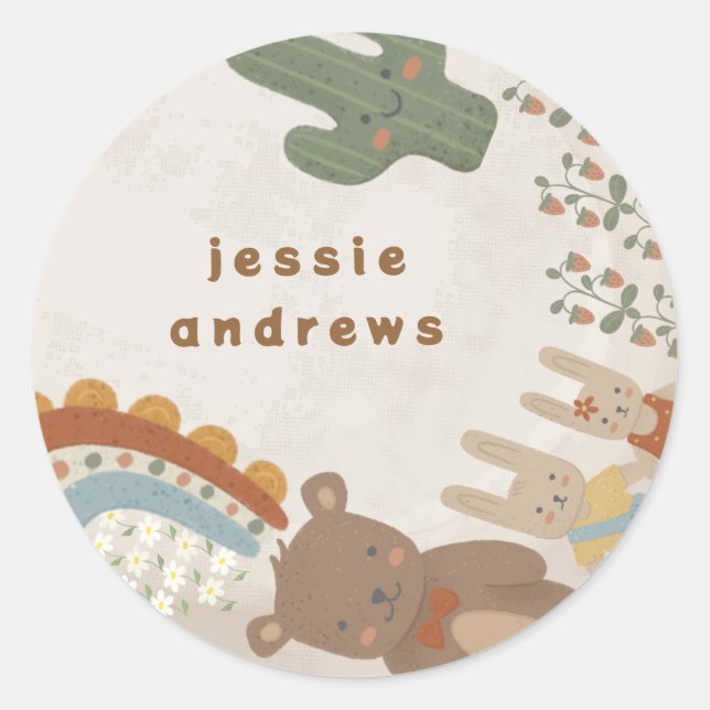 bear bunny lion cactus rainbow Baby Shower Classic Round Sticker (Front)