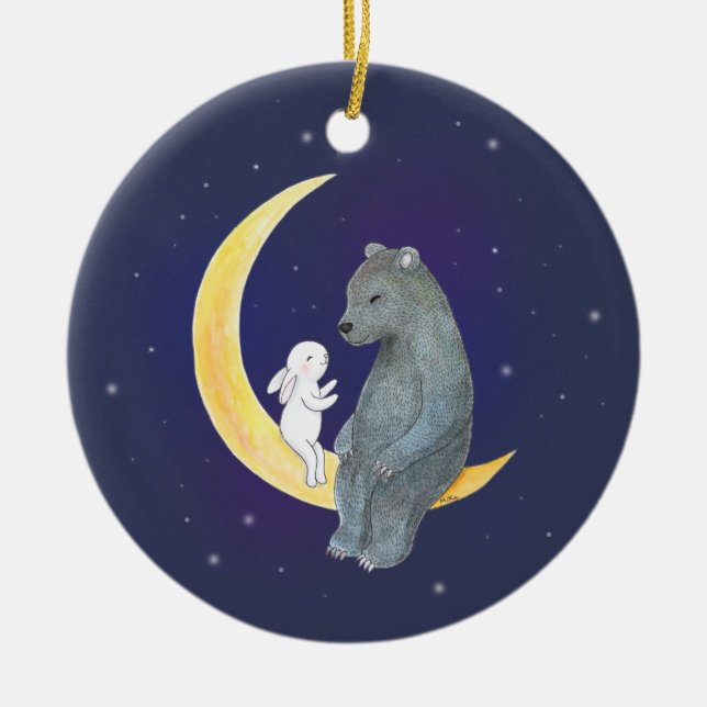 Bear & Bunny on the Moon Cute Couple Custom  Ceramic Tree Decoration (Front)