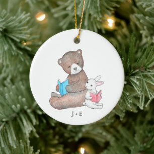 Bear & Bunny Reading Books Cute Couple Custom Name Ceramic Tree Decoration