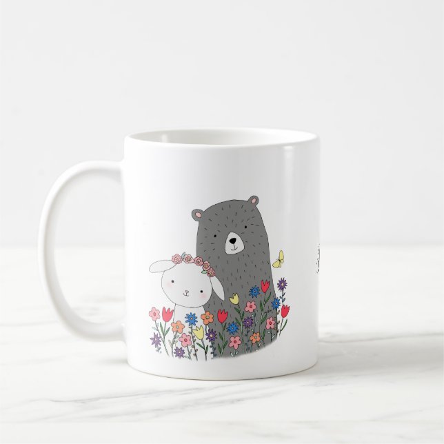 Bear & Bunny with Flowers Cute Custom Name Coffee Mug (Left)