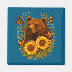 Bear Butterfly Nature Rustic Sunflower Monarch Art Magnet