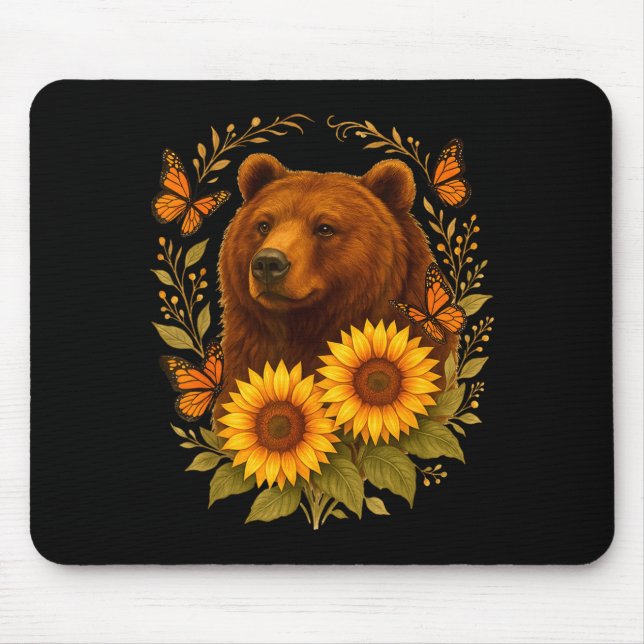 Bear Butterfly Nature Rustic Sunflower Monarch Art Mouse Mat (Front)