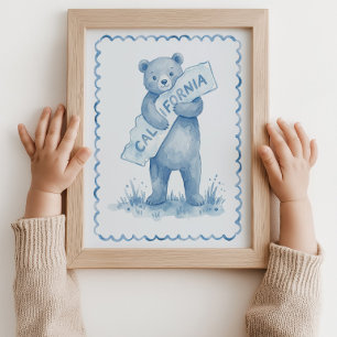 Bear California Map Nursery Blue Wall Art Poster
